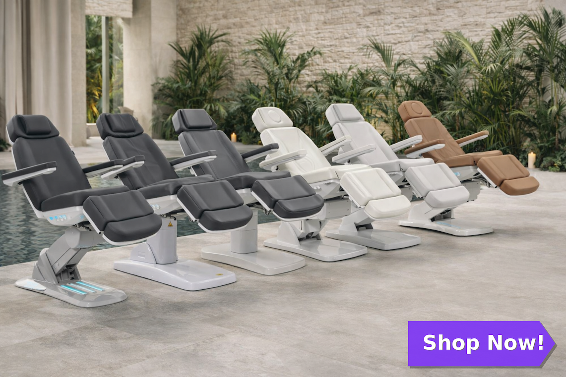 Six different facial tables lined up in front of water with greenery in the background. There is a flag that says "Shop Now!"