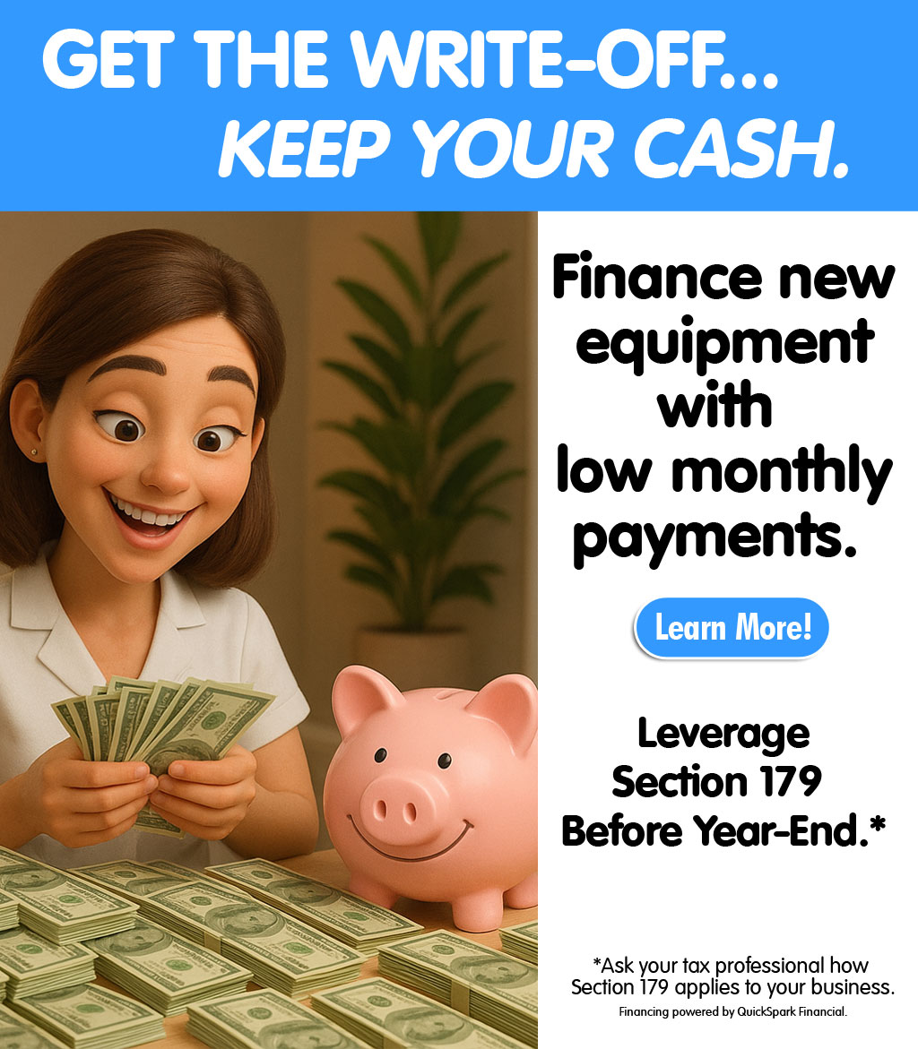 Cartoon woman counting her money with a Piggy Bank looking on. Image says "Get the write-off...Keep Your Cash. Finance new equipment with low monthly payments. Leverage Section 179 before year-end."