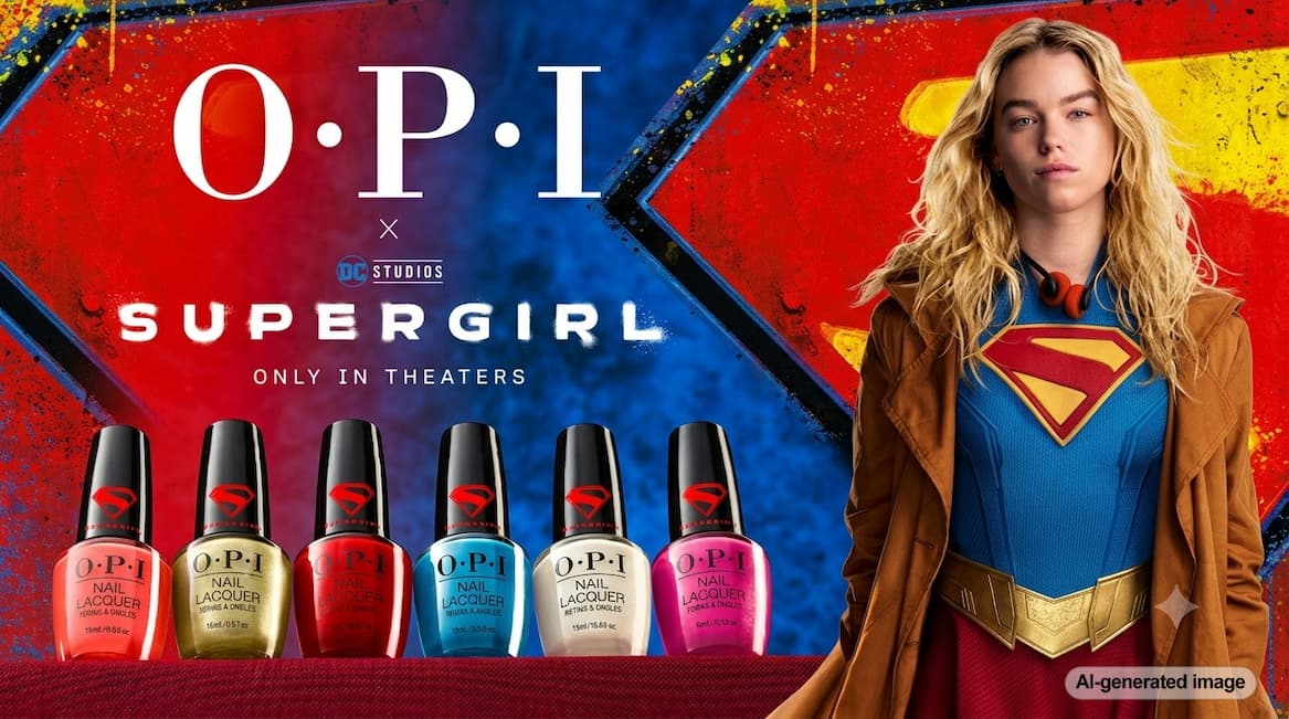 Supergirl standing in front of the classic Superman S logo. 6 bottles of OPI nail polish are lines up next to her. The image reads "OPI x DC Studios Supergirl Only in Theaters"