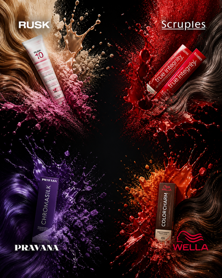 Black background with color splashing out from each corner - with a best-selling hair color brand in the color explosions. Top left: Rusk. Top right: Scruples. Bottom Left: Pravana. Bottom Right: Wella