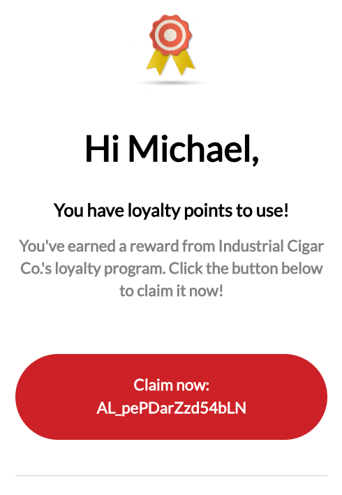 Example claim-code email notifying a member their reward is ready
