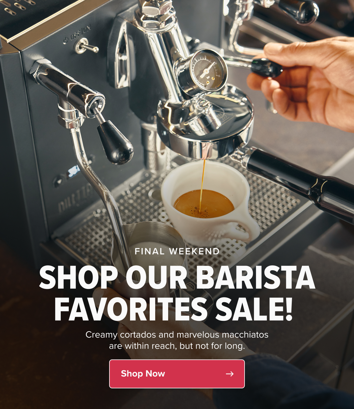 FINAL WEEKEND SHOP OUR BARISTA FAVORITES SALE!  Creamy cortados and marvelous macchiatos are within reach, but not for long.  CTA: Shop Now