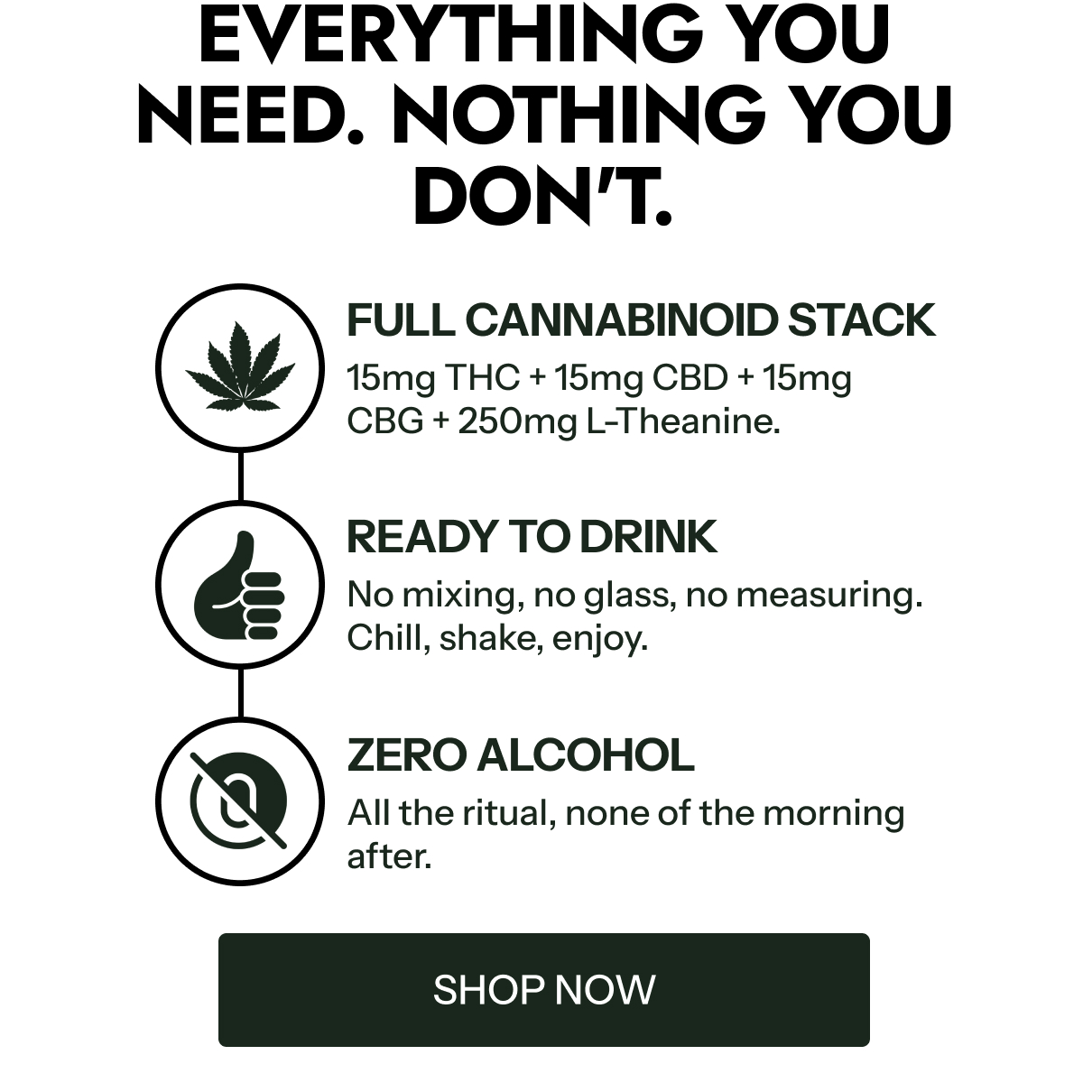 Everything you need. Nothing you don't. Full cannabinoid stack 15mg THC + 15mg CBD + 15mg CBG + 250mg L-Theanine.