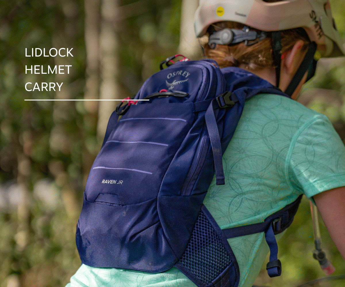 Raptor/Raven Jr. features helmet carry, front pocket, blinky light loop, 1.5 L reservoir and stable AirScape backpanel
