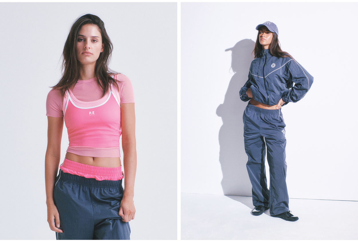 P.E Nation pink mesh tee and active tank, and grey spray tracksuit set.