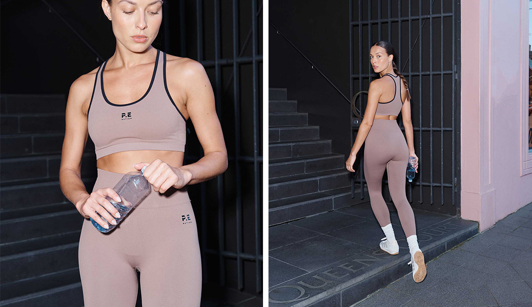 Close up shot and back shot of brunette woman wearing a brown P.E Nation Seamless Sports Bra and Leggings.