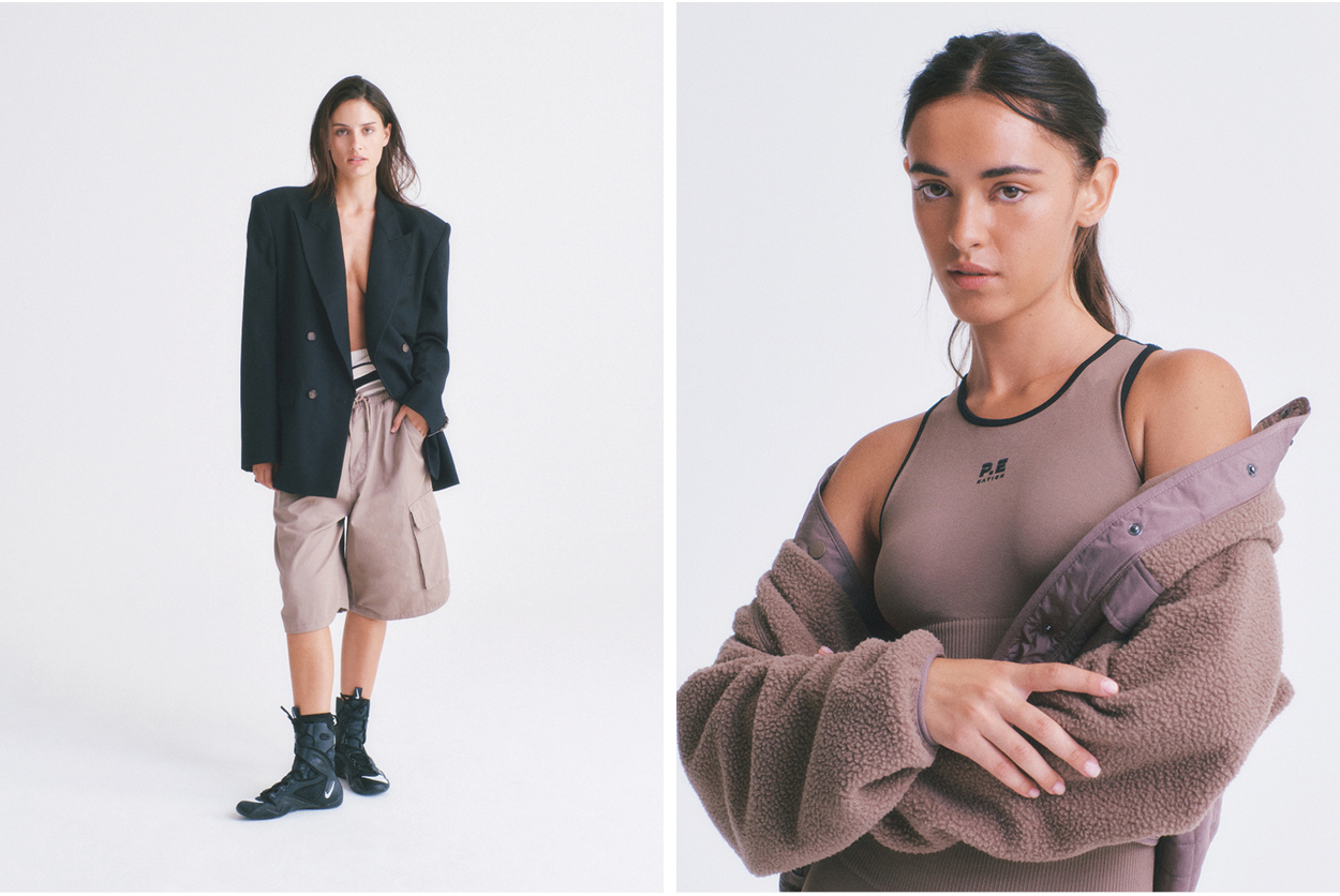 Studio shots of woman in P.E Nation activewear, and black blazer.