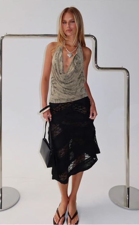 The Constancia Asymmetrical Sheer Midi Skirt Black