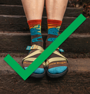 Shop Socks to Wear with Sandals - a hiker wearing sandals with Chasing Waterfalls socks with a green checkmark