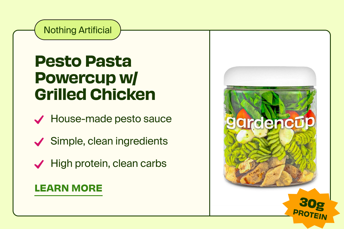 Pesto Pasta Powercup w/ Grilled Chicken | House-made pesto sauce | Simple, clean ingredients | High protein, clean carbs | LEARN MORE 