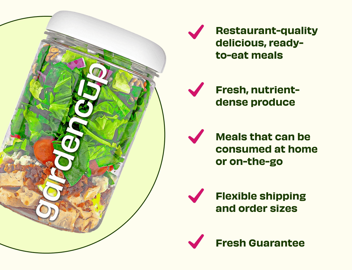 Restaurant-quality delicious, ready-to-eat meals, Fresh, nutrient-dense produce, Meals that can be consumed at home or on-the-go Flexible, shipping and order sizes, Fresh Guarantee
