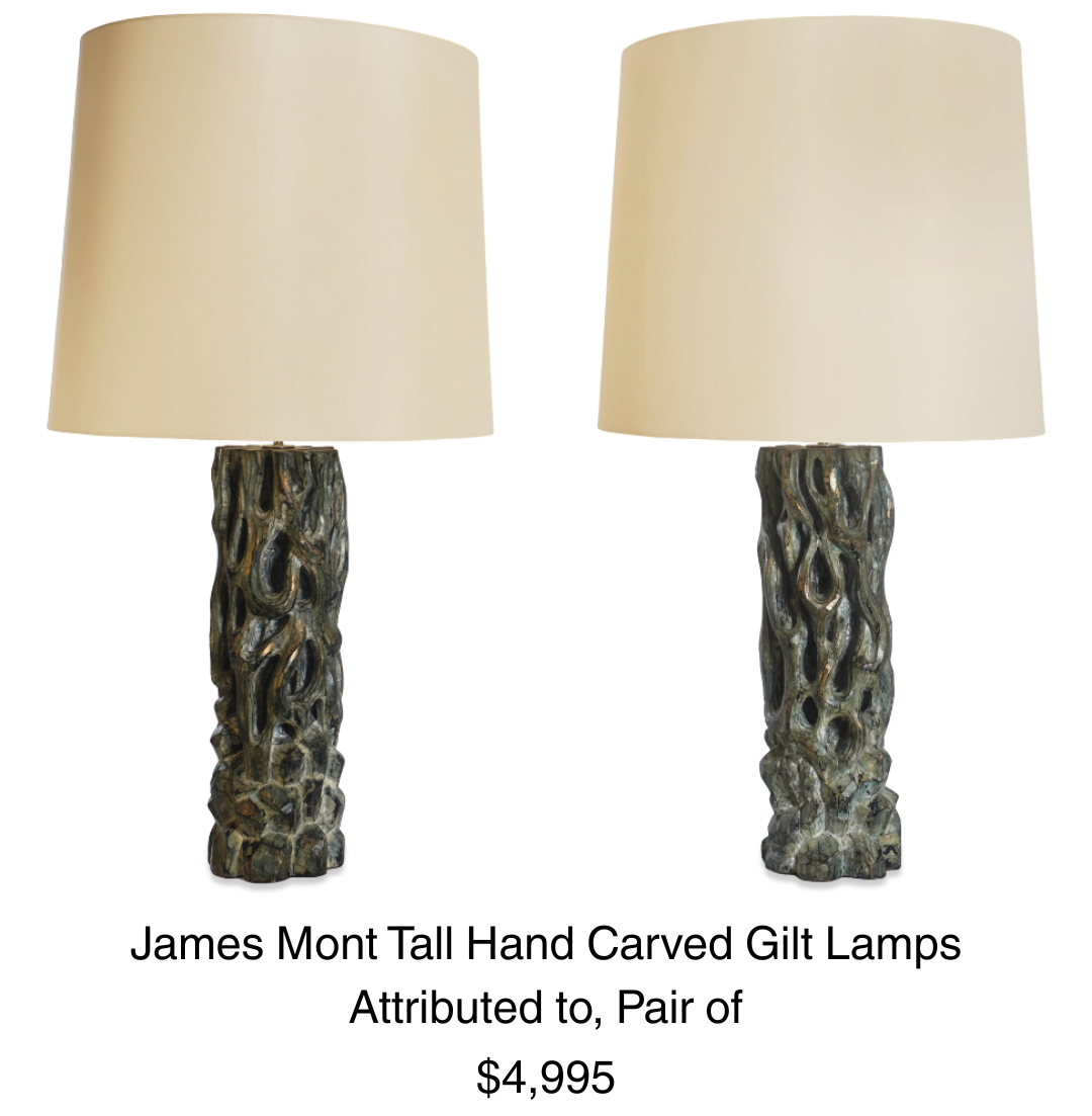 James Mont Tall Hand Carved Gilt Lamps Attributed to, Pair of