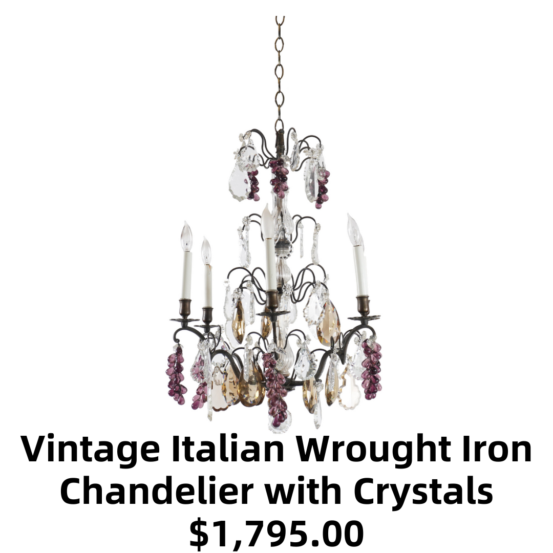Vintage Italian Wrought Iron with Amethyst Crystals Chandelier