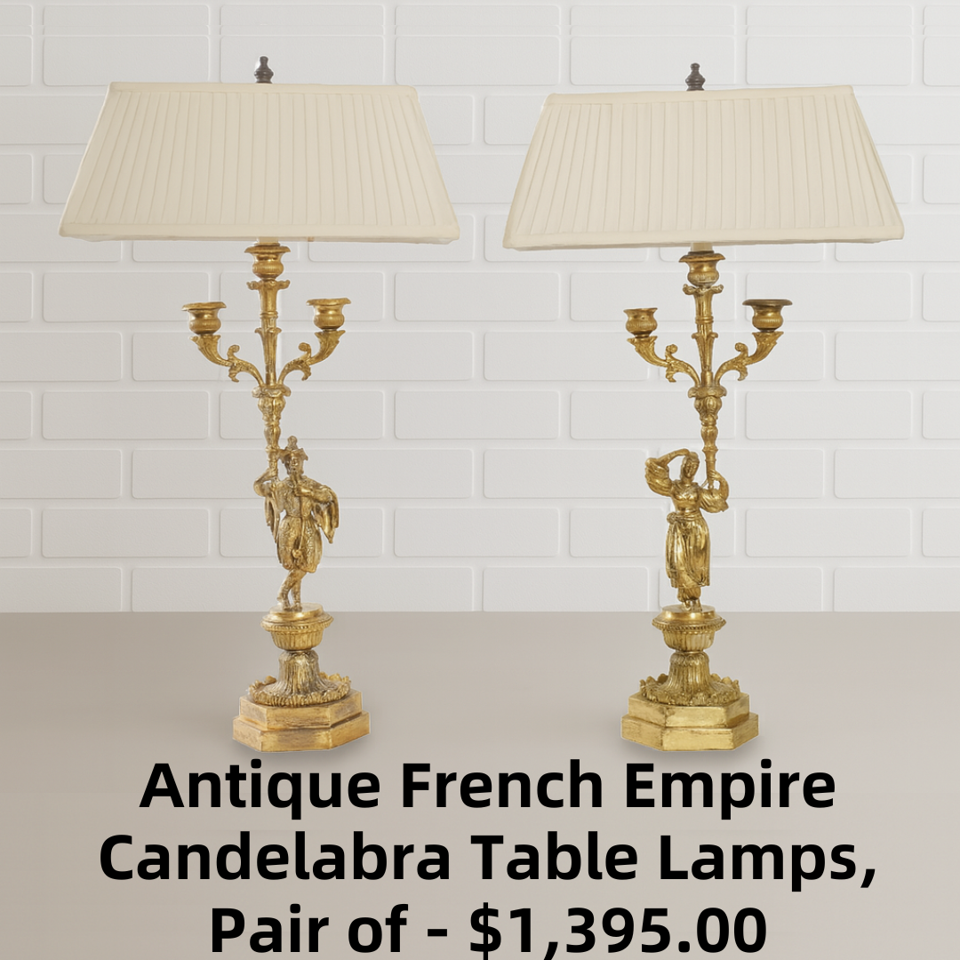 Antique French Empire Gilt and Patinated Bronze Candelabra Table Lamps, Pair of