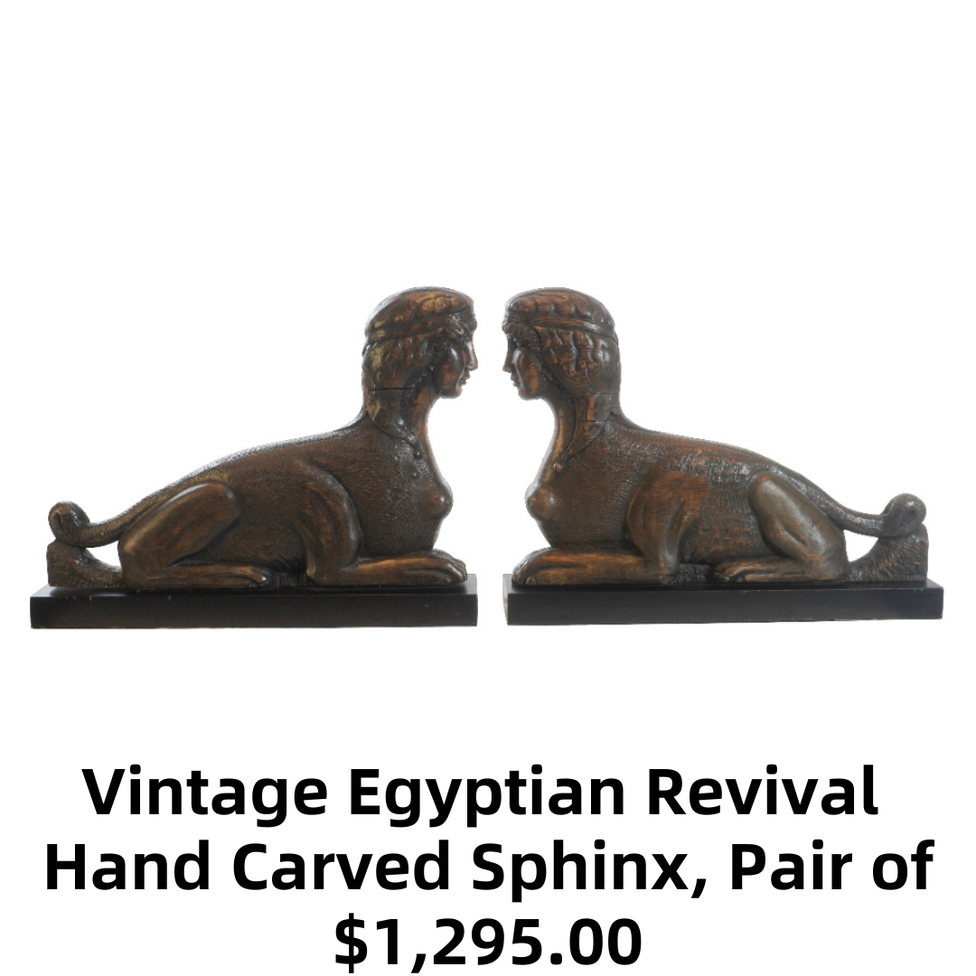 Vintage Egyptian Revival Hand Carved Sphinx, Pair of