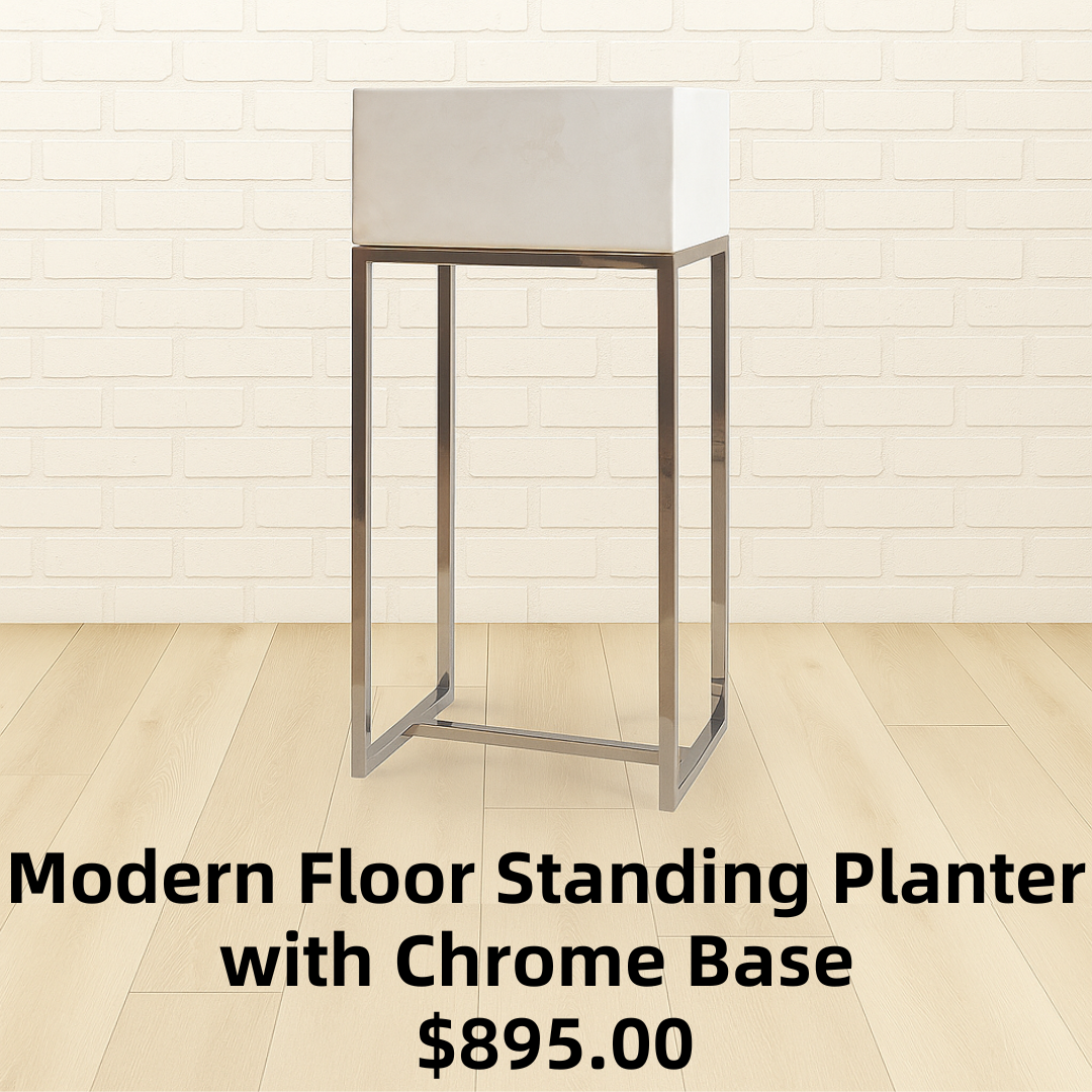 Modern Floor Standing Planter with Chrome Base and Ivory Resin Container
