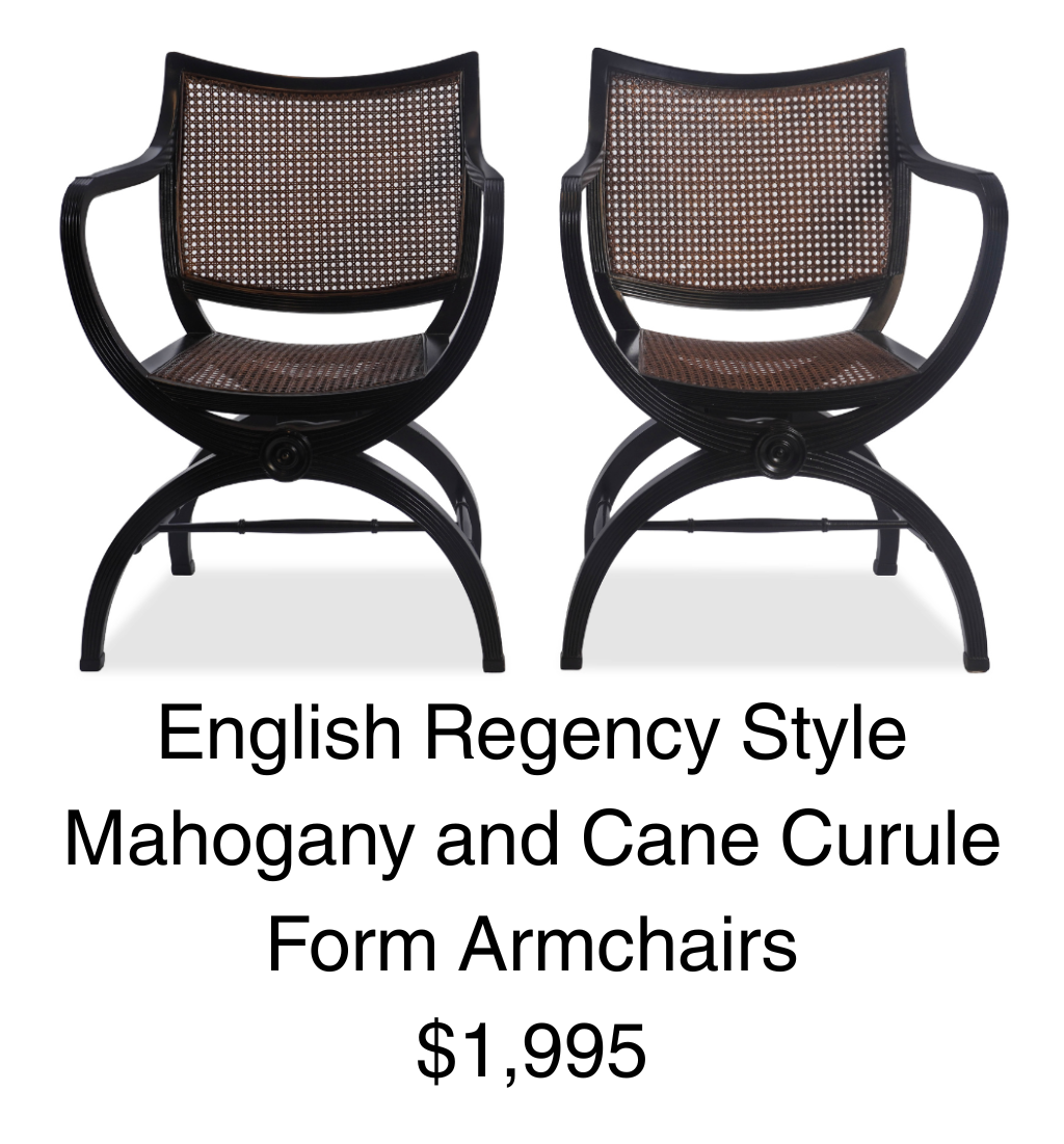 English Regency Style Mahogany and Cane Curule Form Armchairs
