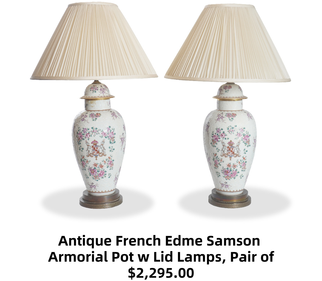 Antique French Edme Samson Armorial Pot w Lid Lamps, Pair of