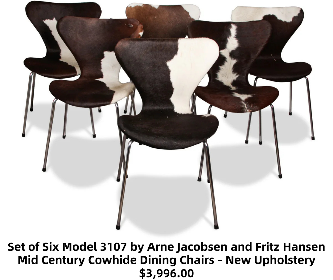 Set of Six Model 3107 by Arne Jacobsen and Fritz Hansen Mid Century Cowhide Dining Chairs - New Upholstery