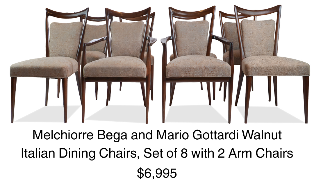 Melchiorre Bega and Mario Gottardi Walnut Italian Dining Chairs, Set of 8 with 2 Arm Chairs