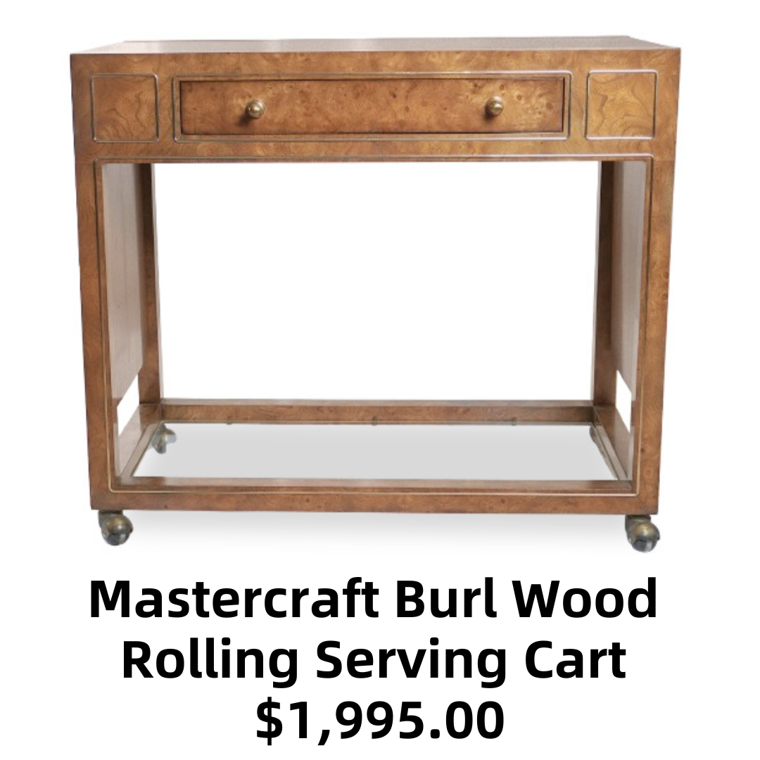 Mastercraft Drop Leaf Burl Wood Rolling Serving Cart Bar with Textured Brass Top