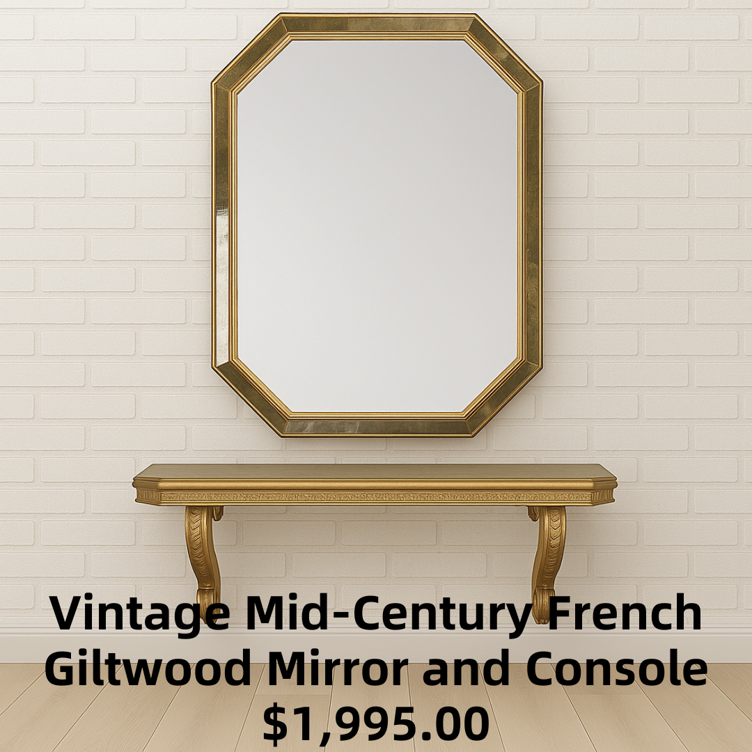 Vintage Mid-Century French Giltwood, Antiqued Beveled Glass Octagonal Overlay Wall Mirror and Hanging Console