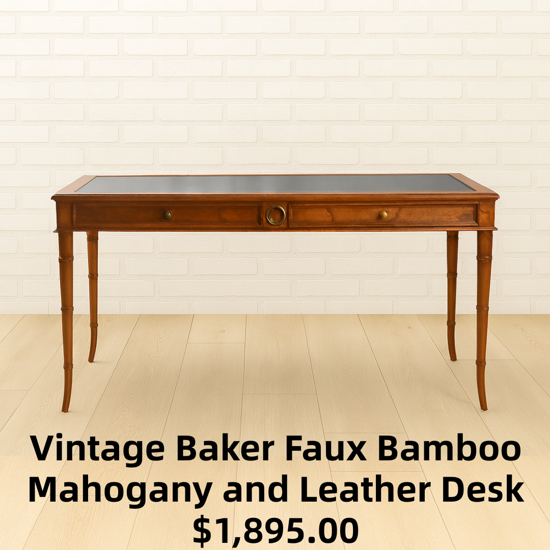 Vintage Baker Faux Bamboo Mahogany and Leather Desk