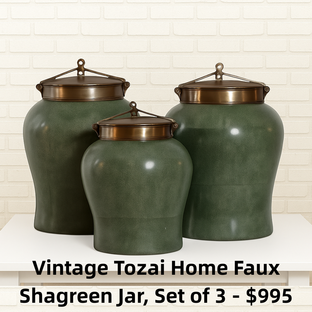 Vintage Tozai Home Faux Shagreen Brass Lidded Temple Jar, Set of 3