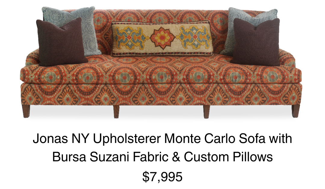 Jonas NY Upholsterer Monte Carlo Sofa with Bursa Suzani Fabric & Custom Pillows