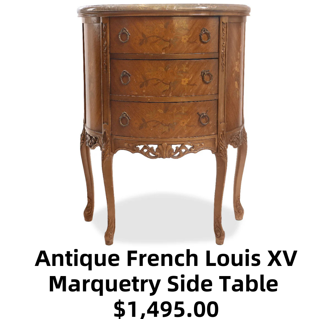 Antique French Louis XV Demilune Marquetry Inlaid Marble Top Side Table & Nightstand