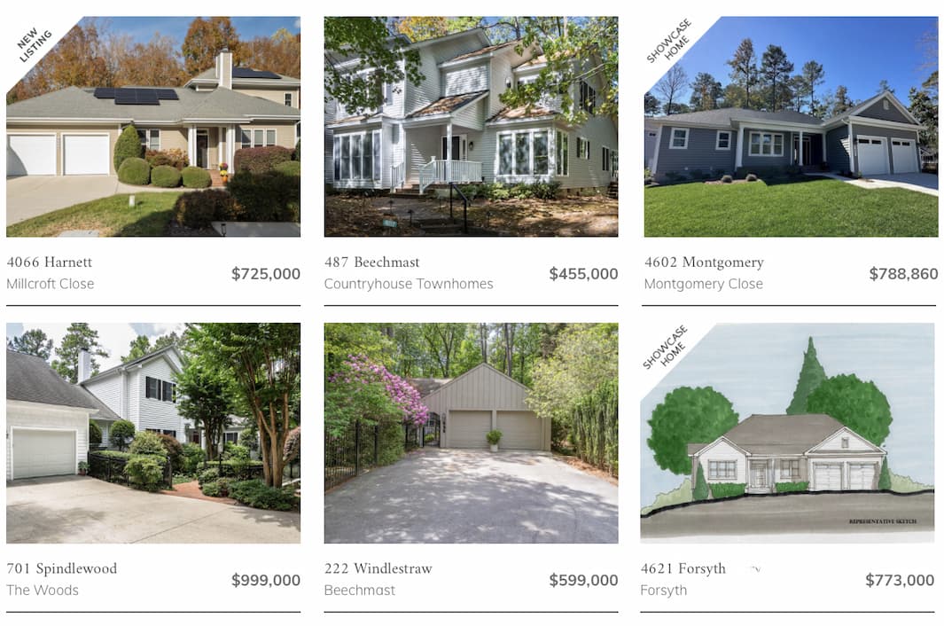 A grid of six real estate listings with photos of houses, listing prices, street addresses, and neighborhoods. Two listings are marked as "Showcase" and one as "NEW Listing!" Prices range from $599,000 to $999,000. Fearrington Village