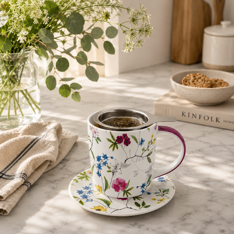 Floral tea mug with a stainless steel infuser brewing loose leaf tea on a marble countertop. Fearrington Village.