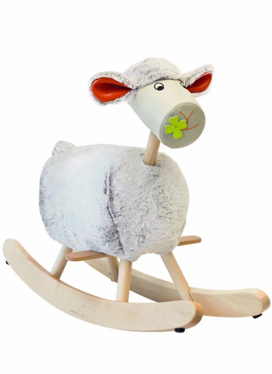Plush sheep rocking toy with a wooden base, soft gray body, and small painted face with orange ears.