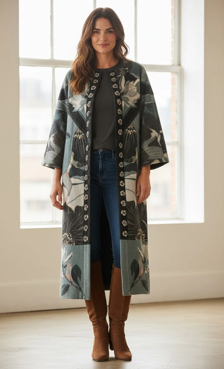 Model wearing Franco Ferrari patterned reversible coat. Fearrington Village. 