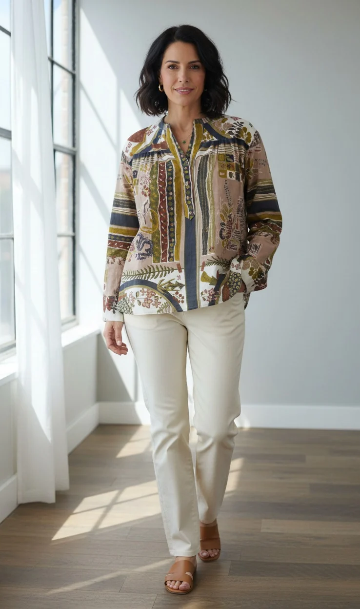 Woman wearing a colorful patterned blouse with ivory pants and tan sandals in a sunlit room. Fearrington Village.