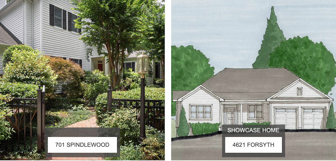 Side-by-side comparison showing a landscaped garden entrance and white clapboard home labeled “701 Spindlewood,” next to an illustrated rendering of a single-story showcase home labeled “4621 Forsyth,” with trees and a driveway in the background.