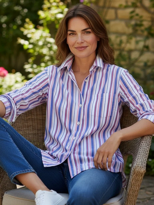 Blue, pink, and white striped button-down shirt styled with blue jeans and white sneakers, shown seated outdoors in a garden. Fearrington Village.