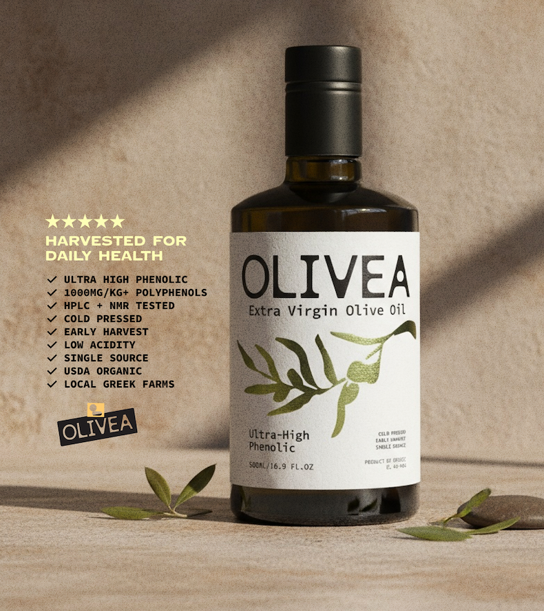 Bottle of Olivea extra virgin olive oil with health benefits highlighted on the label. Fearrington Village.