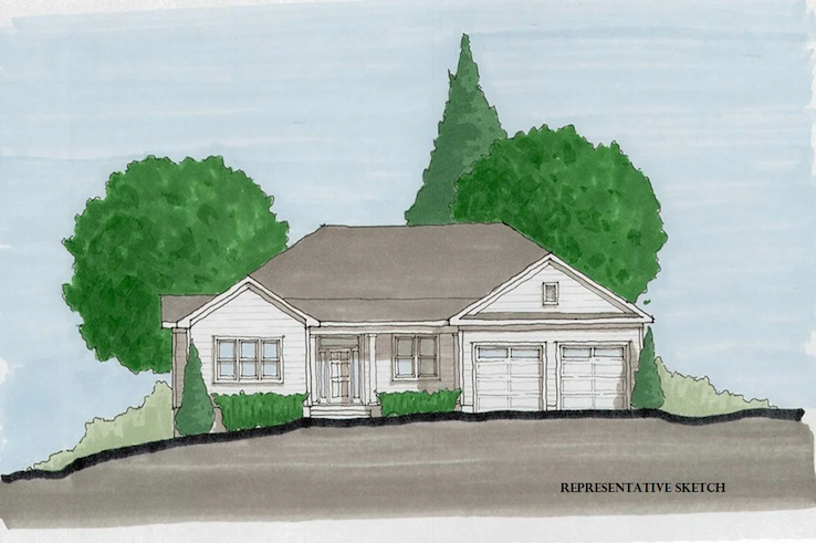 Watercolor architectural rendering labeled “representative sketch” showing a single-story cottage-style home with front porch, attached two-car garage, shrubs along the foundation, and tall trees behind the house.