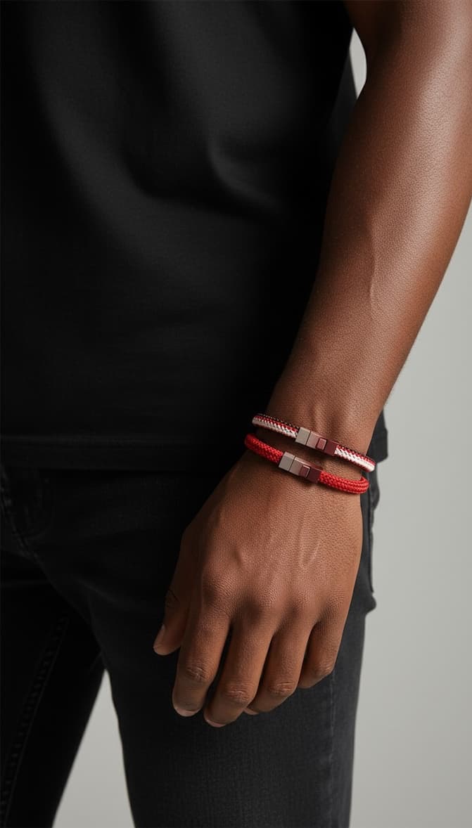 Close-up of a person’s wrist wearing two braided bracelets—one red and one red-and-white—with sleek metal clasps, styled against a black outfit.