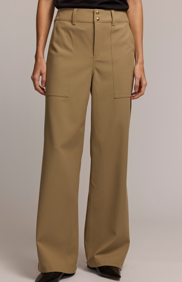 Model wearing tan high-waisted wide-leg trousers with gold buttons and front patch pockets.