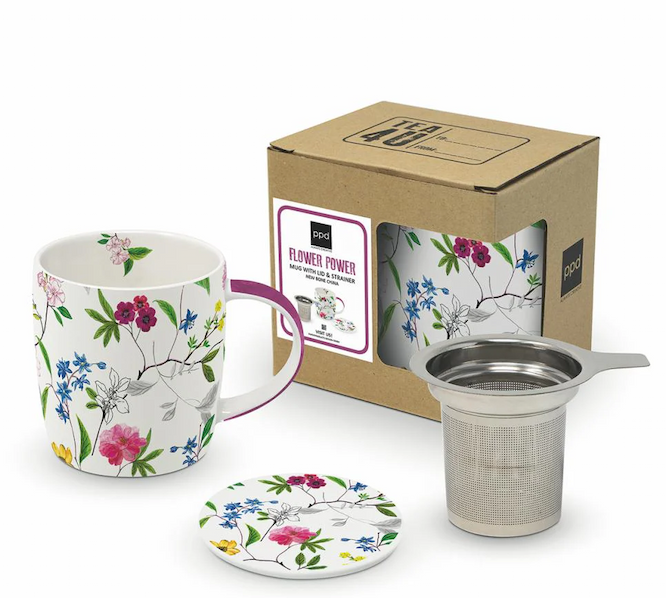 Floral tea mug, stainless steel infuser, and matching coaster gift set with gift box. Fearrington Village.
