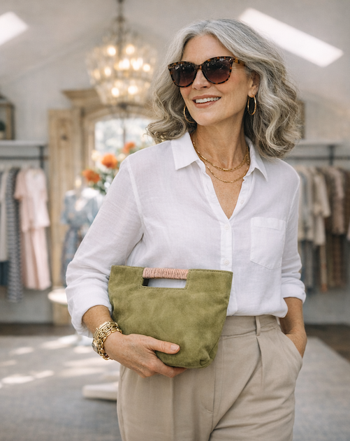Stylish older woman with gray hair and sunglasses stands in a bright boutique, wearing a white blouse and neutral trousers while holding a small green suede handbag; clothing racks line both sides of the softly blurred shop interior, with a chandelier and natural light overhead.