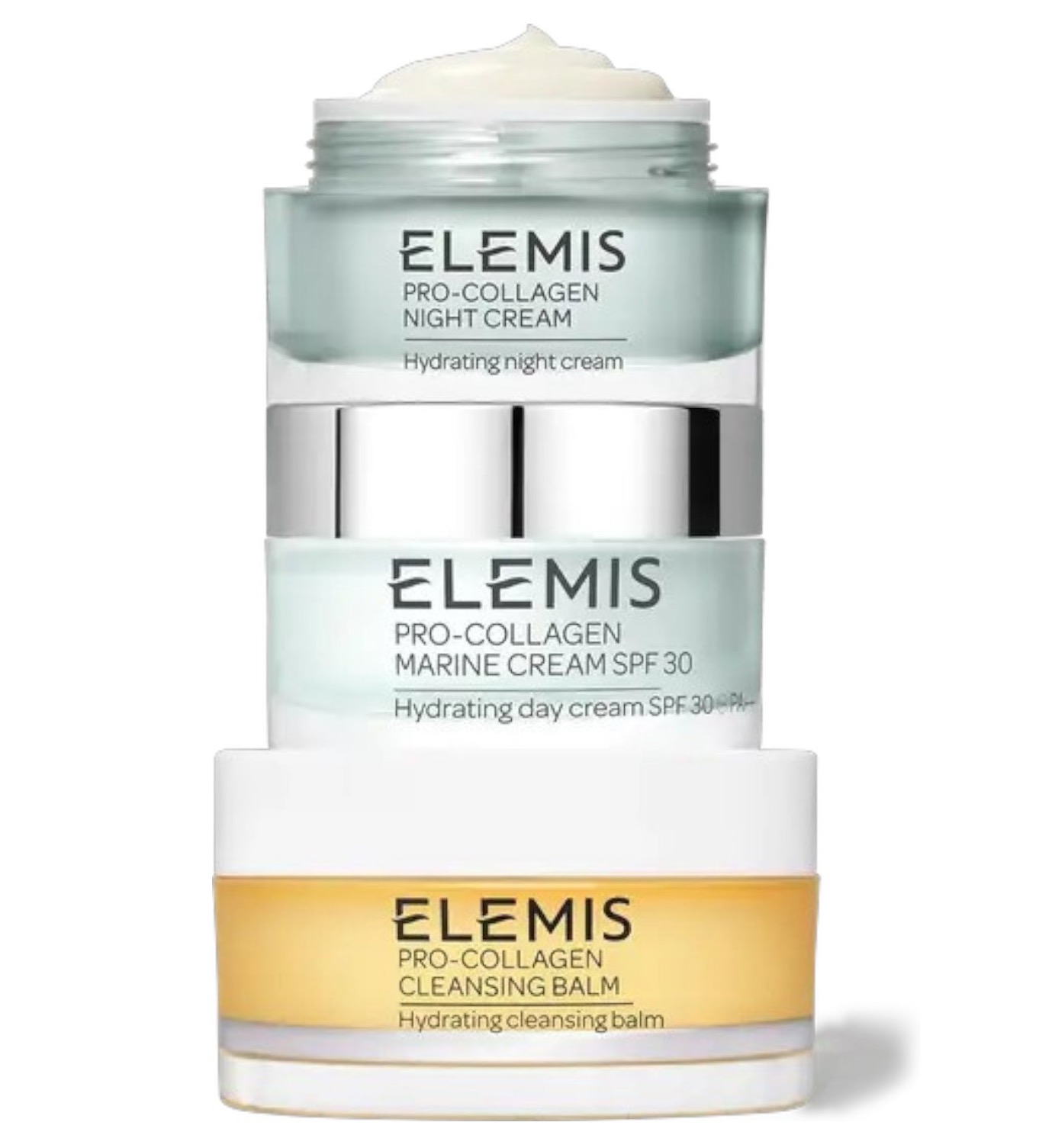 Stacked Elemis skincare products: a jar of Pro-Collagen Night Cream on top, Pro-Collagen Marine Cream SPF 30 in the middle, and Pro-Collagen Cleansing Balm at the bottom, all in soft-toned containers with silver accents.