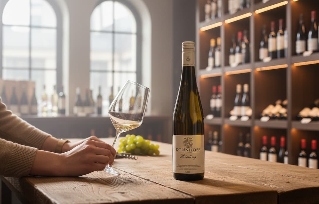 Wine tasting scene with a bottle of Riesling on a wooden table, a person holding a glass of white wine, and shelves of wine bottles lining the softly lit background.