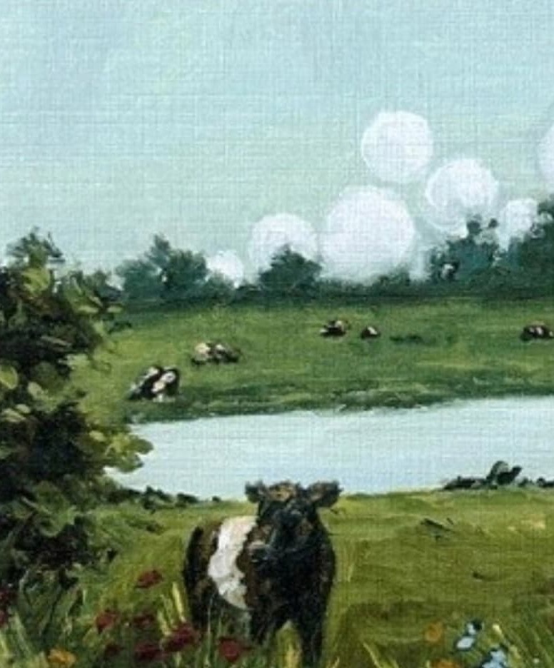 Landscape painting of Belted Galloway cows grazing beside a pond in a peaceful green pasture beneath a soft blue sky. Fearrington Village.