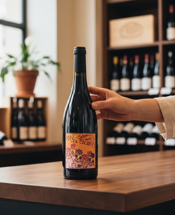 A hand reaches for a bottle of wine with a colorful illustrated label, set on a wooden counter in a warm, softly lit wine shop with shelves of bottles in the background.