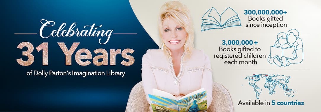 Dolly Parton celebrates 31 years of the Imagination Library, highlighting more than 300 million books gifted and over 3 million books sent to children each month. Fearrington Village.
