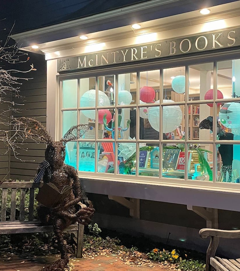 view of mcintyre's books window with harvey the rabbit alongside