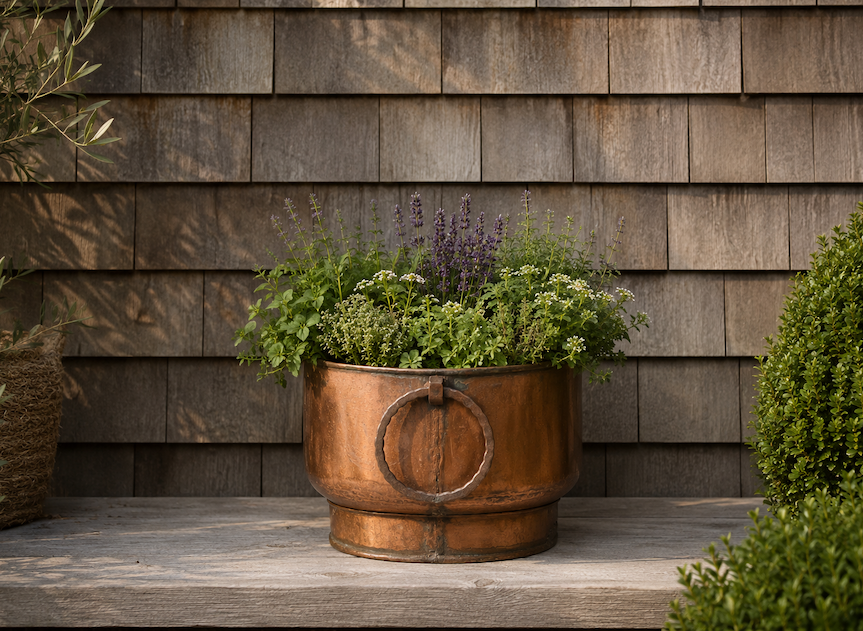 Weathered copper planter with a circular ring detail, filled with lush herbs and small white and purple flowers, sits on a wooden porch surface against a cedar shingle wall, framed by soft greenery and warm natural light.